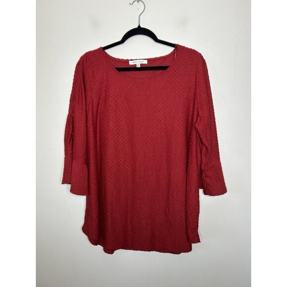 Rose + Olive Women’s Top Plus Red 3/4 Ruffle Sleeve Dots Relaxed Size 1X - Picture 1 of 12
